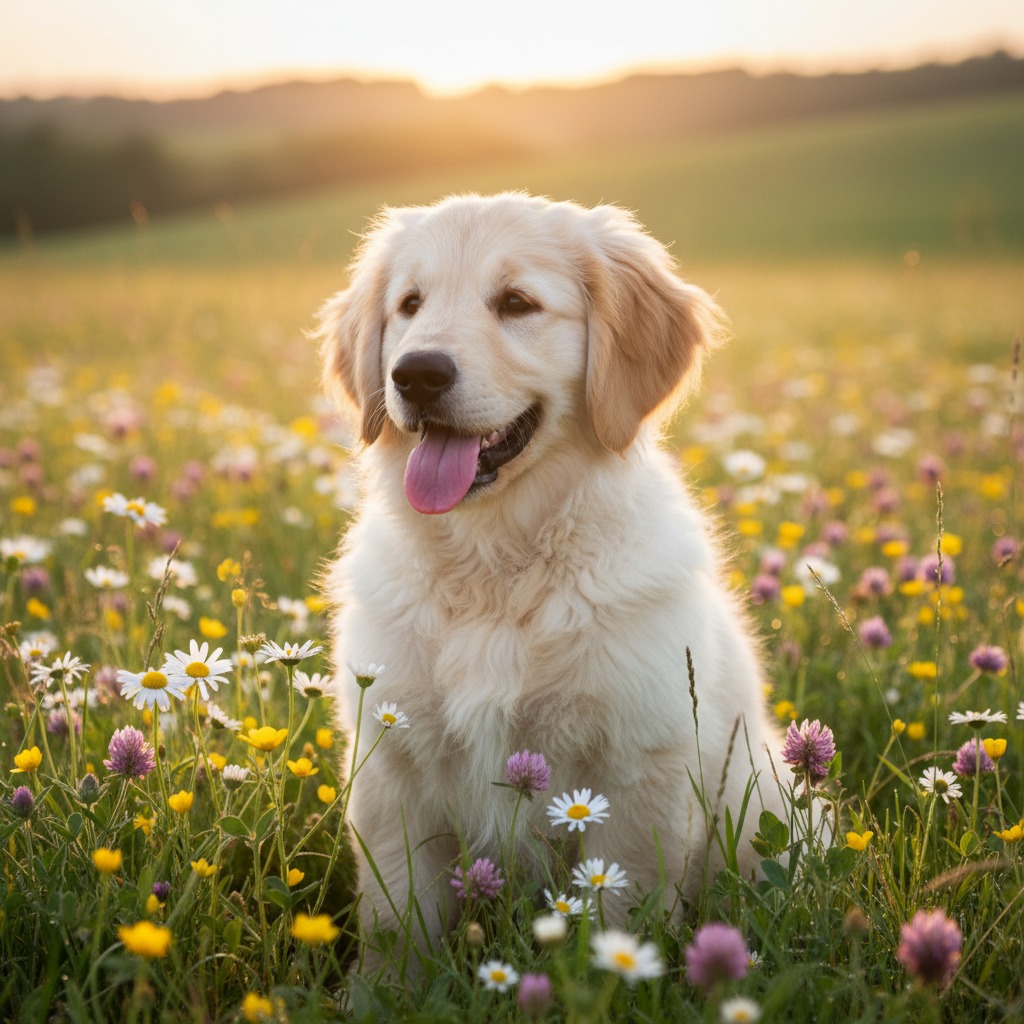 Een jonge golden retriever puppy zit in een bloemrijk weiland bij zonsondergang.
